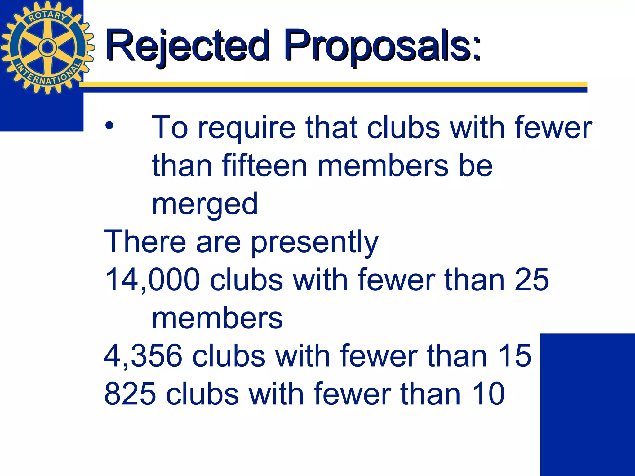 Rejected Proposals:Rejected Proposals:
• To require that clubs with fewer
than fifteen members be
merged
There are presently
14,000 clubs with fewer than 25
members
4,356 clubs with fewer than 15
825 clubs with fewer than 10
 