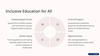 Inclusive Education for All
Disadvantaged Groups
Special focus on SEDGs, women,
and rural learners through
targeted support programs.
Financial Support
Comprehensive scholarship
programs and affordable financing
options for quality education
access.
Digital Inclusion
ODL and digital platforms
ensuring education reaches every
corner of the country.
Gender Equity
Promoting diversity and creating
equitable opportunities for all
learners regardless of
background.
 