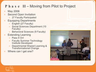 Phase II  – Moving from Pilot to Project May 2006 Second Open Invitation 27 Faculty Participated Equipping Departments English (27 Faculty) Social Sciences Department (10 Faculty) Behavioral Sciences (9 Faculty)  Extending Learning Pass It On! Faculty Summer Technology Institute Developed Departmental Shared Learning & Transformational Change Where can I get one? 