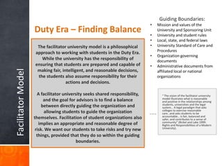 Guiding Boundaries:
                                                                              •   Mission and values of the
                    Duty Era – Finding Balance                                •
                                                                                  University and Sponsoring Unit
                                                                                  University and student rules
                                                                              •   Local, state, and federal laws
                     The facilitator university model is a philosophical      •   University Standard of Care and
                                                                                  Procedures
                    approach to working with students in the Duty Era.
                                                                              •   Organization governing
                       While the university has the responsibility of             documents
                    ensuring that students are prepared and capable of        •   Administrative documents from
                     making fair, intelligent, and reasonable decisions,
Facilitator Model




                                                                                  affiliated local or national
                     the students also assume responsibility for their            organizations
                                    actions and decisions.

                      A facilitator university seeks shared responsibility,         “ The vision of the facilitator university
                                                                                    model illustrates what is reasonable
                          and the goal for advisors is to find a balance            and positive in the relationships among
                                                                                    students, universities and the legal
                         between directly guiding the organization and              system… A legal paradigm that asks
                                                                                    colleges to exercise reasonable
                          allowing students to guide the organization               care…and asks students to be
                                                                                    accountable… is fair, balanced and
                    themselves. Facilitation of student organizations also          safer, and contributes to a sense of
                                                                                    community” (Bickel and Lake 1999:
                       implies an appropriate and reasonable degree of              Rights and Responsibilities of a Modern
                                                                                    University).
                     risk. We want our students to take risks and try new
                      things, provided that they do so within the guiding
                                           boundaries.
 