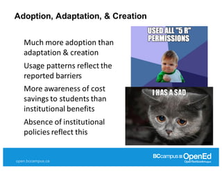open.bccampus.ca
Adoption,  Adaptation,  &  Creation
Much	
  more	
  adoption	
  than	
  
adaptation	
  &	
  creation
Usage	
  patterns	
  reflect	
  the	
  
reported	
  barriers
More	
  awareness	
  of	
  cost	
  
savings	
  to	
  students	
  than	
  
institutional	
  benefits
Absence	
  of	
  institutional	
  
policies	
  reflect	
  this
 