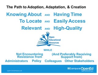 open.bccampus.ca
The  Path  to  Adoption,  Adaptation,  &  Creation
Knowing  About   AND Having  Time
To  Locate AND Easily  Access
Relevant High-­Quality
WHILE
Not  Encountering  
Resistance  from
(And  Preferably  Receiving  
Support  from)
ColleaguesAdministrators
AND
Policy Other  Stakeholders
 