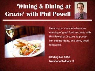 ‘Gourmet BBQ’ with
Jim Wahlen
One lucky group of bidders will
enjoy a Spring evening of food and
fun with Jim “The Grill-Master”

Wahlen. Expect great company and
conversation before finals and
graduation!

Starting bid: $480
Number of bidders: 24

 