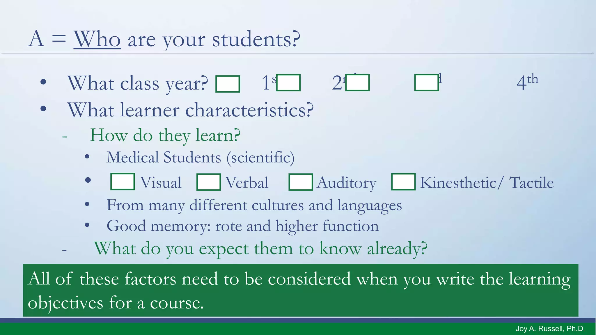 A = Who are your students?
• What class year? 1st 2nd 3rd 4th
• What learner characteristics?
- How do they learn?
• Medical Students (scientific)
• Visual Verbal Auditory Kinesthetic/ Tactile
• From many different cultures and languages
• Good memory: rote and higher function
- What do you expect them to know already?
All of these factors need to be considered when you write the learning
objectives for a course.
Joy A. Russell, Ph.D.
 