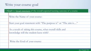 Write your course goal
DefinitionA Goal is a broad statement of the overall expected learning outcome of a course.
Write the Name of your course:
As a result of taking this course, what overall skills and
knowledge will the student leave with?
Start your goal statement with “The purpose is” or “The aim is…”
Write the Goal of your course:
Joy A. Russell, Ph.D.
 