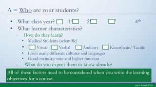 A = Who are your students?
• What class year? 1st 2nd 3rd 4th
• What learner characteristics?
- How do they learn?
• Medical Students (scientific)
• Visual Verbal Auditory Kinesthetic/ Tactile
• From many different cultures and languages
• Good memory: rote and higher function
- What do you expect them to know already?
All of these factors need to be considered when you write the learning
objectives for a course.
Joy A. Russell, Ph.D.
 