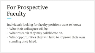 For Prospective
Faculty
Individuals looking for faculty positions want to know:
• Who their colleagues will be.
• What res...