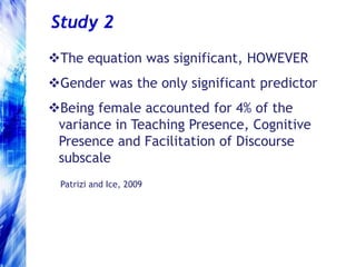 13 teaching presence items (4 design & facilitation, 6 facilitation of discourse, 3 direct instruction)CoI Survey Validationtested in graduate courses at four institutions in the US and Canada