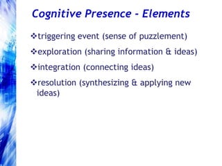 the degree to which participants in computer mediated communication feel socially and emotionally connected Social Presence - Elementsaffective expression (expressing emotion, self-projection)