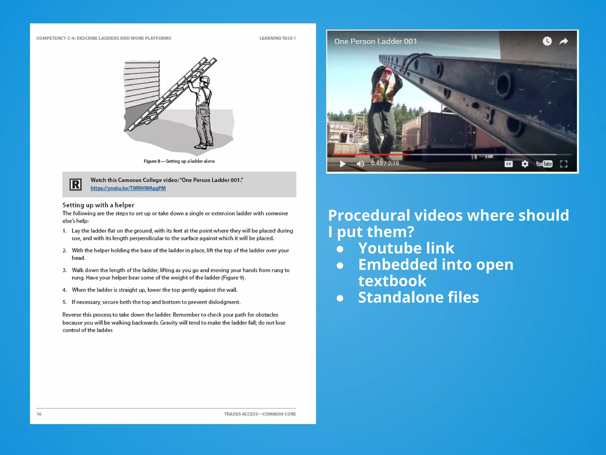 Procedural videos where should
I put them?
● Youtube link
● Embedded into open
textbook
● Standalone files
 