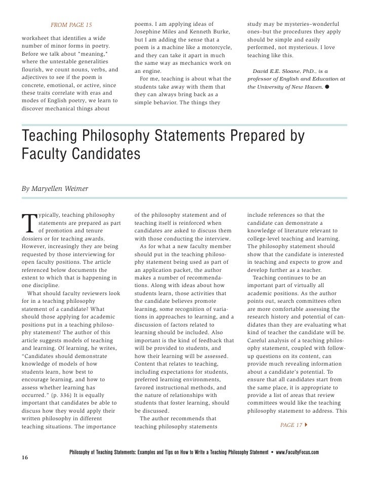Faculty Focus Special Report Philosophy of Teaching Statements