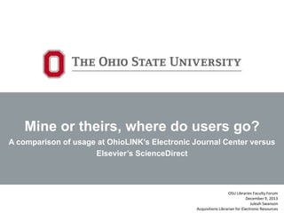 Mine or theirs, where do users go?
A comparison of usage at OhioLINK’s Electronic Journal Center versus
Elsevier’s ScienceDirect

OSU Libraries Faculty Forum
December 9, 2013
Juleah Swanson
Acquisitions Librarian for Electronic Resources

 
