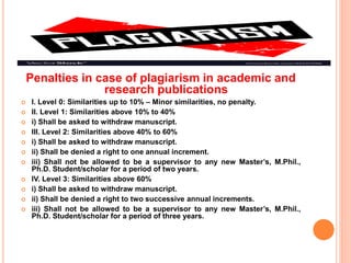 Penalties in case of plagiarism in academic and
research publications
 I. Level 0: Similarities up to 10% – Minor similarities, no penalty.
 II. Level 1: Similarities above 10% to 40%
 i) Shall be asked to withdraw manuscript.
 III. Level 2: Similarities above 40% to 60%
 i) Shall be asked to withdraw manuscript.
 ii) Shall be denied a right to one annual increment.
 iii) Shall not be allowed to be a supervisor to any new Master’s, M.Phil.,
Ph.D. Student/scholar for a period of two years.
 IV. Level 3: Similarities above 60%
 i) Shall be asked to withdraw manuscript.
 ii) Shall be denied a right to two successive annual increments.
 iii) Shall not be allowed to be a supervisor to any new Master’s, M.Phil.,
Ph.D. Student/scholar for a period of three years.
 