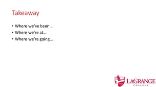Takeaway
• Where we’ve been…
• Where we’re at…
• Where we’re going…
 