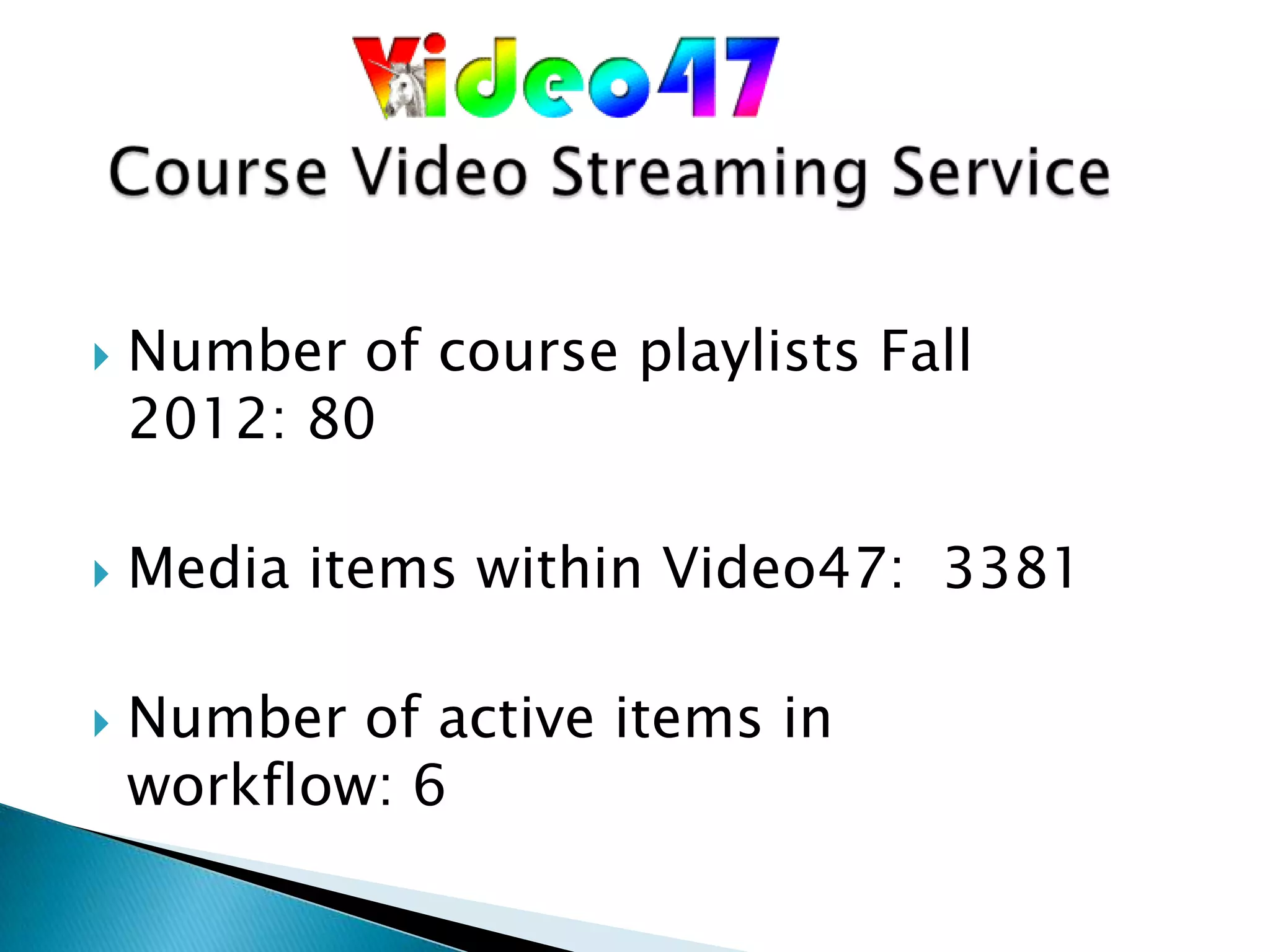    Number of course playlists Fall
    2012: 80

   Media items within Video47: 3381

   Number of active items in
    workflow: 6
 