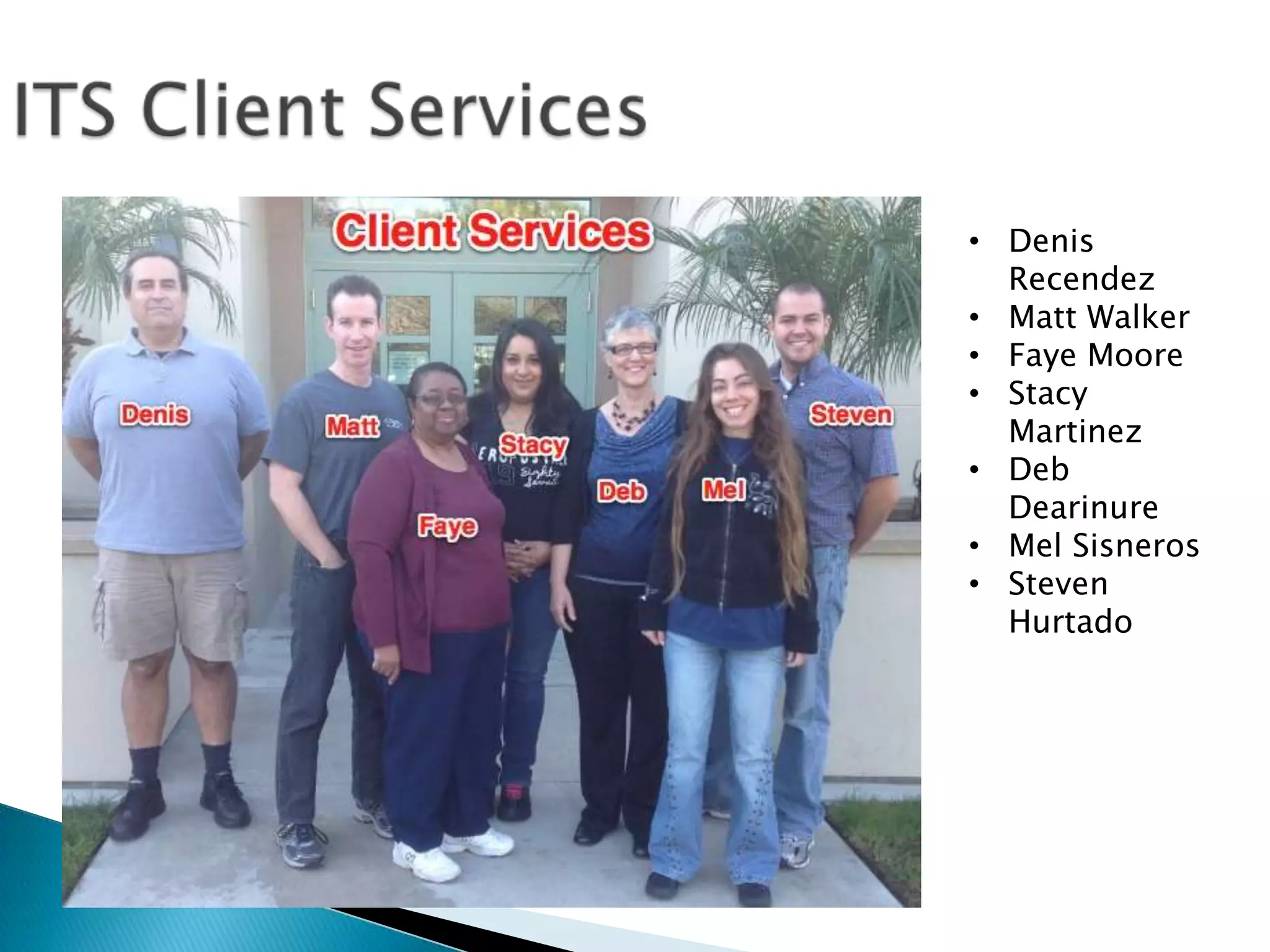 • Denis
  Recendez
• Matt Walker
• Faye Moore
• Stacy
  Martinez
• Deb
  Dearinure
• Mel Sisneros
• Steven
  Hurtado
 