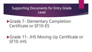 Supporting Documents for Entry Grade
Level
Grade 7- Elementary Completion
Certificate or SF10-ES
Grade 11- JHS Moving Up Certificate or
SF10-JHS
 