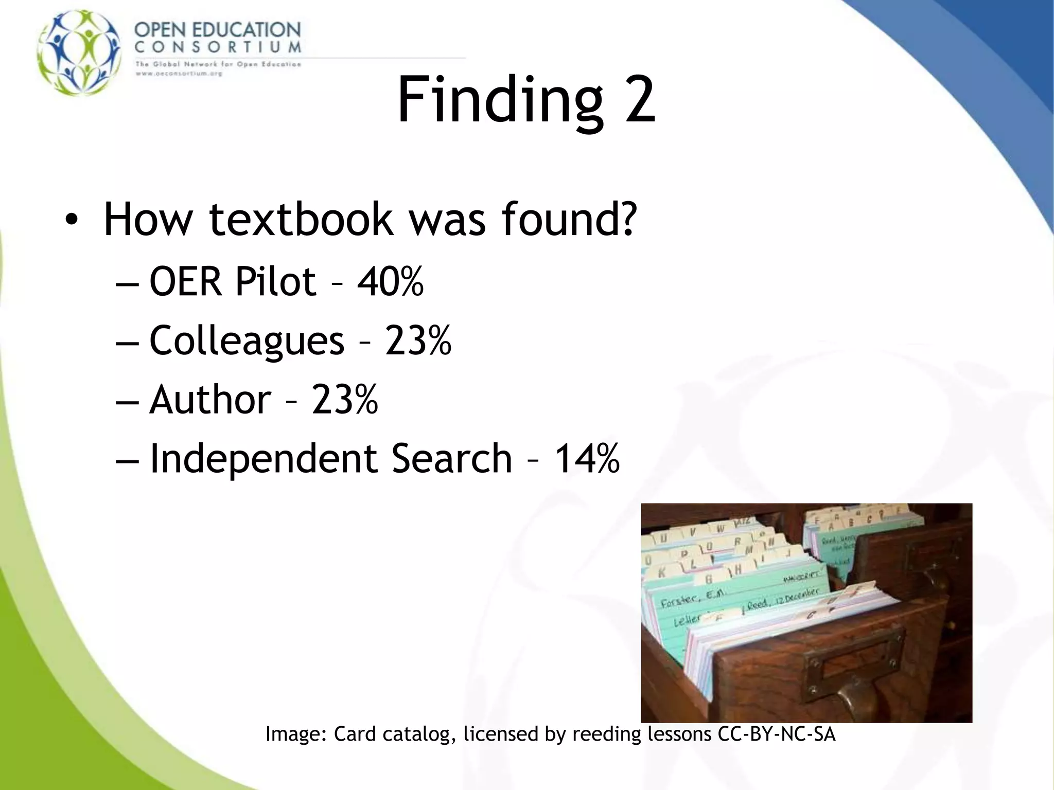 Finding 2
• How textbook was found?
– OER Pilot – 40%
– Colleagues – 23%
– Author – 23%
– Independent Search – 14%
Image: Card catalog, licensed by reeding lessons CC-BY-NC-SA
 
