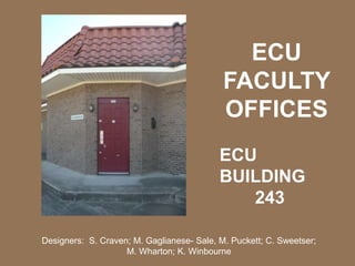 ECU
                                            FACULTY
                                            OFFICES
                                           ECU
                                           BUILDING
                                              243

Designers: S. Craven; M. Gaglianese- Sale, M. Puckett; C. Sweetser;
                    M. Wharton; K. Winbourne
 
