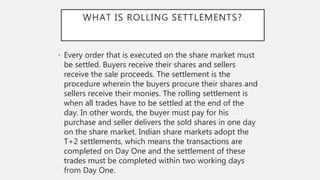 WHAT IS ROLLING SETTLEMENTS?
• Every order that is executed on the share market must
be settled. Buyers receive their shares and sellers
receive the sale proceeds. The settlement is the
procedure wherein the buyers procure their shares and
sellers receive their monies. The rolling settlement is
when all trades have to be settled at the end of the
day. In other words, the buyer must pay for his
purchase and seller delivers the sold shares in one day
on the share market. Indian share markets adopt the
T+2 settlements, which means the transactions are
completed on Day One and the settlement of these
trades must be completed within two working days
from Day One.
 