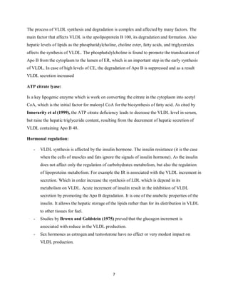 7
The process of VLDL synthesis and degradation is complex and affected by many factors. The
main factor that affects VLDL is the apolipoprotein B 100, its degradation and formation. Also
hepatic levels of lipids as the phosphatidylcholine, choline ester, fatty acids, and triglycerides
affects the synthesis of VLDL. The phosphatidylcholine is found to promote the translocation of
Apo B from the cytoplasm to the lumen of ER, which is an important step in the early synthesis
of VLDL. In case of high levels of CE, the degradation of Apo B is suppressed and as a result
VLDL secretion increased
ATP citrate lyase:
Is a key lipogenic enzyme which is work on converting the citrate in the cytoplasm into acetyl
CoA, which is the initial factor for malonyl CoA for the biosynthesis of fatty acid. As cited by
Innerarity et al (1999), the ATP citrate deficiency leads to decrease the VLDL level in serum,
but raise the hepatic triglyceride content, resulting from the decrement of hepatic secretion of
VLDL containing Apo B 48.
Hormonal regulation:
- VLDL synthesis is affected by the insulin hormone. The insulin resistance (it is the case
when the cells of muscles and fats ignore the signals of insulin hormone). As the insulin
does not affect only the regulation of carbohydrates metabolism, but also the regulation
of lipoproteins metabolism. For example the IR is associated with the VLDL increment in
secretion. Which in order increase the synthesis of LDL which is depend in its
metabolism on VLDL. Acute increment of insulin result in the inhibition of VLDL
secretion by promoting the Apo B degradation. It is one of the anabolic properties of the
insulin. It allows the hepatic storage of the lipids rather than for its distribution in VLDL
to other tissues for fuel.
- Studies by Brown and Goldstein (1975) proved that the glucagon increment is
associated with reduce in the VLDL production.
- Sex hormones as estrogen and testosterone have no effect or very modest impact on
VLDL production.
 