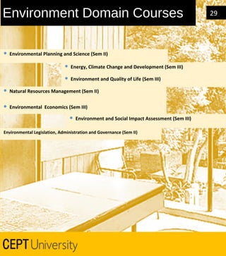 Environment Domain Courses


Environmental Planning and Science (Sem II)


Energy, Climate Change and Development (Sem III)



Environment and Quality of Life (Sem III)



Natural Resources Management (Sem II)



Environmental Economics (Sem III)


Environment and Social Impact Assessment (Sem III)

Environmental Legislation, Administration and Governance (Sem II)

29

 