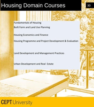 Housing Domain Courses
Fundamentals of Housing
Built Form and Land Use Planning
Housing Economics and Finance
Housing Programme and Project Development & Evaluation

Land Development and Management Practices

Urban Development and Real Estate

30

 
