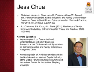 Jess Chua
•   Chrisman, James J.; Chua, Jess H.; Pearson, Allison W.; Barnett,
    Tim. Family Involvement, Family Influence, and Family-Centered Non-
    Economic Goals in Small Firms. Entrepreneurship: Theory & Practice,
    Mar 2012, Vol. 36 Issue 2, p267-293
•   J.J. Chrisman, J.H. Chua, & L. Steier (2011). Resilience of family
    firms: An introduction. Entrepreneurship Theory and Practice, 35(6),
    1107-1119

Keynote Speeches
• Keynote speech on Conceptual and
  Empirical Issues in Family Business
  Research at the 7th International Symposium
  on Entrepreneurship and Family Enterprises,
  Hangzhou, China

•   Keynote speech on A Review of Research on
    the North American Venture Capital Industry
    at the Global Forum on Entrepreneurship and
    Innovation, Center for Innovation, Zhejiang
    University
 