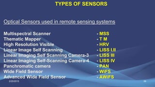 Optical Sensors used in remote sensing systems
Multispectral Scanner - MSS
Thematic Mapper - T M
High Resolution Visible - HRV
Linear Image Self Scanning - LISS I.II
Linear Imaging Self Scanning Camera-3 - LISS III
Linear Imaging Self-Scanning Camera-4 - LISS IV
Panchromatic camera - PAN
Wide Field Sensor - WiFS
Advanced Wide Field Sensor - AWiFS
TYPES OF SENSORS
2/25/2015 39
 