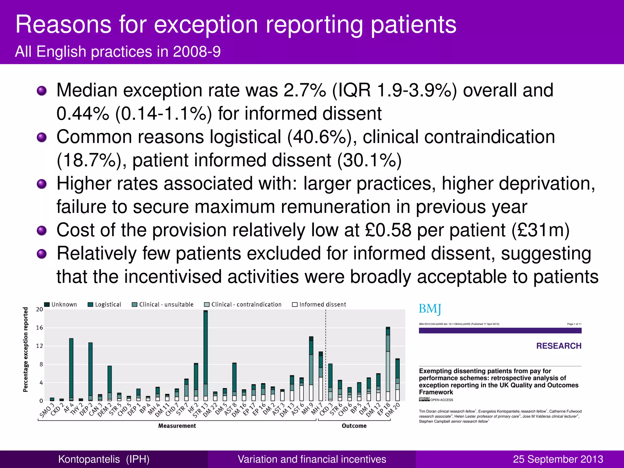 Reasons for exception reporting patients
All English practices in 2008-9
Median exception rate was 2.7% (IQR 1.9-3.9%) overall and
0.44% (0.14-1.1%) for informed dissent
Common reasons logistical (40.6%), clinical contraindication
(18.7%), patient informed dissent (30.1%)
Higher rates associated with: larger practices, higher deprivation,
failure to secure maximum remuneration in previous year
Cost of the provision relatively low at £0.58 per patient (£31m)
Relatively few patients excluded for informed dissent, suggesting
that the incentivised activities were broadly acceptable to patientsFigures
Fig 1 Proportion of patients exception reported by indicator and reason, 2008-9. For 37 indicators for which reasons for
exception reporting were ascribable (see table 1). Indicators ordered by type of activity (measurement or outcome) and by
rate of exception reporting attributable to informed dissent
BMJ 2012;344:e2405 doi: 10.1136/bmj.e2405 (Published 17 April 2012) Page 11 of 11
RESEARCH
Exempting dissenting patients from pay for
performance schemes: retrospective analysis of
exception reporting in the UK Quality and Outcomes
Framework
OPEN ACCESS
Tim Doran clinical research fellow
1
, Evangelos Kontopantelis research fellow
1
, Catherine Fullwood
research associate
2
, Helen Lester professor of primary care
3
, Jose M Valderas clinical lecturer
4
,
Stephen Campbell senior research fellow
1
1
Health Sciences Research Group-Primary Care, University of Manchester, Manchester M13 9PL, UK; 2
Manchester Academic Health Science
Centre, Central Manchester University Hospitals NHS Foundation Trust, University of Manchester; 3
School of Health and Population Sciences,
University of Birmingham, Birmingham, UK; 4
NIHR School for Primary Care Research, Health Services and Policy Research Group, Department
of Primary Care Health Sciences, University of Oxford, Oxford, UK
Abstract
Objective To examine the reasons why practices exempt patients from
the UK Quality and Outcomes Framework pay for performance scheme
(exception reporting) and to identify the characteristics of general
Conclusions The provision to exception report enables practices to
exempt dissenting patients without being financially penalised. Relatively
few patients were excluded for informed dissent, however, suggesting
that the incentivised activities were broadly acceptable to patients.
BMJ 2012;344:e2405 doi: 10.1136/bmj.e2405 (Published 17 April 2012) Page 1 of 11
Research
RESEARCH
Kontopantelis (IPH) Variation and ﬁnancial incentives 25 September 2013
 