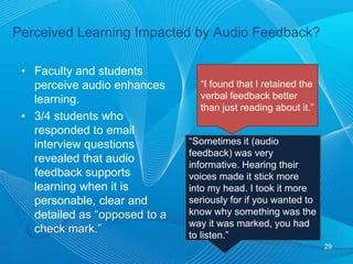 Student Voices27“It was nice to have the audio of the instructors, it made me feel more personal and that you were more of a class.” “I thought it was easy to use and make you feel more connected to the instructor, even in a distance course.”“I enjoyed the auditory feedback because I felt more like the instructor was speaking directly to me, although I appreciated the written comments equally.”