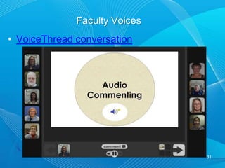 Perceived Learning Impacted by Audio Feedback?Faculty and students perceive audio enhances learning.3/4 students who responded to email interview questions revealed that audio feedback supports learning when it is personable, clear and detailed as “opposed to a check mark.”29“I found that I retained the verbal feedback better than just reading about it.”“Sometimes it (audio feedback) was very informative. Hearing their voices made it stick more into my head. I took it more seriously for if you wanted to know why something was the way it was marked, you had to listen.”