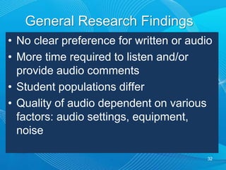 Audio Feedback & Faculty Satisfaction?Perceive benefits of social, cognitive and teaching presence  Added value - more quantity and quality of feedback, even though it requires more faculty time to plan and createIncorporating a variety of media helps to project teaching presence and support student’s varied learning preferences.Liked informalityPreferred use for lengthy and complex assignments30