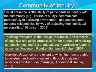 Community of Inquiry6Social presence is “the ability of participants to identify with the community (e.g., course of study), communicate purposefully in a trusting environment, and develop inter-personal relationships by way of projecting their individual personalities.” (Garrison, 2009) Teaching Presence  is the design, facilitation, and direction of cognitive and social processes for the purpose of realizing personally meaningful and educationally worthwhile learning outcomes (Anderson, Rourke, Garrison & Archer,  2001). Cognitive Presence is the extent to which learners are able to construct and confirm meaning through sustained reflection and discourse (Garrison,  Anderson &  Archer,  2001). 