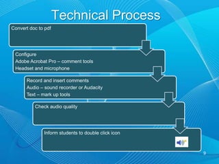 Audio Feedback TechniqueConvert student document to pdf.Configure Adobe Acrobat Professional with comment/mark-up tools.Use Adobe Acrobat Pro, microphone/headset and Microsoft Sound Recorder to embed comments. Listen to recording to ensure clarity.Inform students to double-clickProvide upfront note to students to contact faculty if difficulty in accessing audio.8