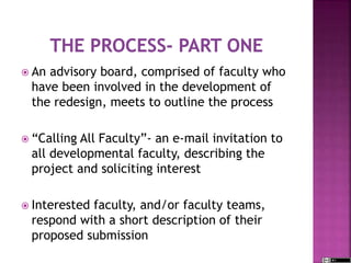  An advisory board, comprised of faculty who
have been involved in the development of
the redesign, meets to outline the process
 “Calling All Faculty”- an e-mail invitation to
all developmental faculty, describing the
project and soliciting interest
 Interested faculty, and/or faculty teams,
respond with a short description of their
proposed submission
 