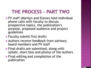  FV staff (Marilyn and Elaine) hold individual
phone calls with faculty to discuss
prospective topics, the publication’s
purpose, proposed audience and project
guidelines
 Faculty submit first drafts
 Authors receive feedback from advisory
board members and FV staff
 Final drafts are submitted, along with
syllabi, short bios and photos of the authors
 Final editing and compilation of the
publication
 