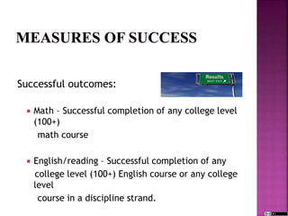 Successful outcomes:
 Math – Successful completion of any college level
(100+)
math course
 English/reading – Successful completion of any
college level (100+) English course or any college
level
course in a discipline strand.
 