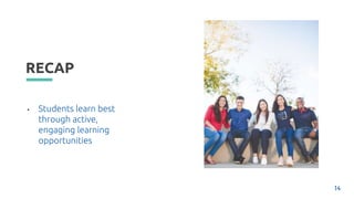 RECAP
• Students learn best
through active,
engaging learning
opportunities
14
 