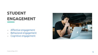 STUDENT
ENGAGEMENT
• Affective engagement
• Behavioral engagement
• Cognitive engagement
5
Conner & Pope, 2013
 