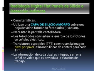 •
– Utilizan una                                sobre una
   hoja de vidrio formando fotodiodos (~100um).
– Necesitan la pantalla centelladora.
– Los fotodiodos convierten la energía de los fotones
   en señales eléctricas.
– Transistores especiales (TFT) construyen la imagen
   pixel por pixel utilizando líneas de control para cada
   TFT.
– La información de cada pixel es integrada en una
   señal de video que es enviada a la estación de
   trabajo.

                              MEZA, Facundo Gastón
 