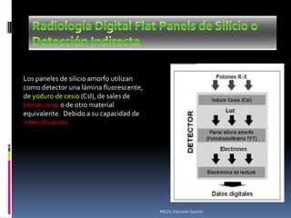 Los paneles de silicio amorfo utilizan
como detector una lámina fluorescente,
de yoduro de cesio (CsI), de sales de
tierras raras o de otro material
equivalente. Debido a su capacidad de
intensificación.




                                         MEZA, Facundo Gastón
 