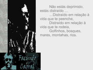 Não estás deprimido,  estás distraído … … Distraído em relação à vida que te peenche, Distraído em relação à vida que te rodeia, Golfinhos, bosques, mares, montahas, rios. 