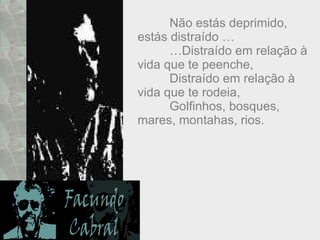 Não estás deprimido,  estás distraído … … Distraído em relação à vida que te peenche, Distraído em relação à vida que te rodeia, Golfinhos, bosques, mares, montahas, rios. 