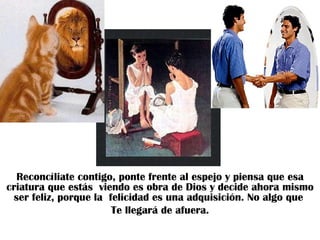 Reconcíliate contigo, ponte frente al espejo y piensa que esa criatura que estás  viendo es obra de Dios y decide ahora mismo ser feliz, porque la  felicidad es una adquisición. No algo que  Te llegará de afuera. 
