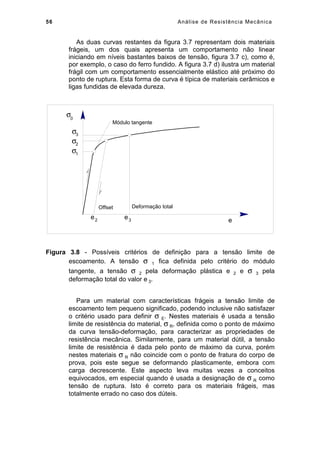 56 Análise de Resistência Mecânica
As duas curvas restantes da figura 3.7 representam dois materiais
frágeis, um dos quais apresenta um comportamento não linear
iniciando em níveis bastantes baixos de tensão, figura 3.7 c), como é,
por exemplo, o caso do ferro fundido. A figura 3.7 d) ilustra um material
frágil com um comportamento essencialmente elástico até próximo do
ponto de ruptura. Esta forma de curva é típica de materiais cerâmicos e
ligas fundidas de elevada dureza.
e
σ0
e2
e3
σ1
σ2
σ3
Módulo tangente
Offset Deformação total
Figura 3.8 - Possíveis critérios de definição para a tensão limite de
escoamento. A tensão σ 1 fica definida pelo critério do módulo
tangente, a tensão σ 2 pela deformação plástica e 2 e σ 3 pela
deformação total do valor e 3.
Para um material com características frágeis a tensão limite de
escoamento tem pequeno significado, podendo inclusive não satisfazer
o critério usado para definir σ E. Nestes materiais é usada a tensão
limite de resistência do material, σ R, definida como o ponto de máximo
da curva tensão-deformação, para caracterizar as propriedades de
resistência mecânica. Similarmente, para um material dútil, a tensão
limite de resistência é dada pelo ponto de máximo da curva, porém
nestes materiais σ R não coincide com o ponto de fratura do corpo de
prova, pois este segue se deformando plasticamente, embora com
carga decrescente. Este aspecto leva muitas vezes a conceitos
equivocados, em especial quando é usada a designação de σ R como
tensão de ruptura. Isto é correto para os materiais frágeis, mas
totalmente errado no caso dos dúteis.
 