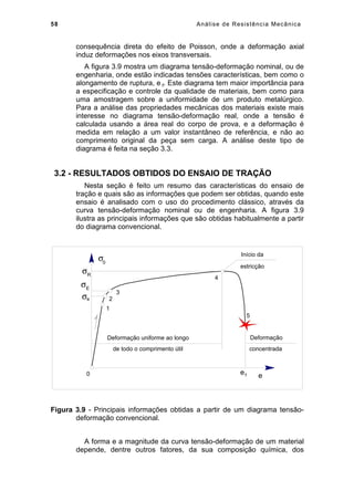 58 Análise de Resistência Mecânica
consequência direta do efeito de Poisson, onde a deformação axial
induz deformações nos eixos transversais.
A figura 3.9 mostra um diagrama tensão-deformação nominal, ou de
engenharia, onde estão indicadas tensões características, bem como o
alongamento de ruptura, e f. Este diagrama tem maior importância para
a especificação e controle da qualidade de materiais, bem como para
uma amostragem sobre a uniformidade de um produto metalúrgico.
Para a análise das propriedades mecânicas dos materiais existe mais
interesse no diagrama tensão-deformação real, onde a tensão é
calculada usando a área real do corpo de prova, e a deformação é
medida em relação a um valor instantâneo de referência, e não ao
comprimento original da peça sem carga. A análise deste tipo de
diagrama é feita na seção 3.3.
3.2 - RESULTADOS OBTIDOS DO ENSAIO DE TRAÇÃO
Nesta seção é feito um resumo das características do ensaio de
tração e quais são as informações que podem ser obtidas, quando este
ensaio é analisado com o uso do procedimento clássico, através da
curva tensão-deformação nominal ou de engenharia. A figura 3.9
ilustra as principais informações que são obtidas habitualmente a partir
do diagrama convencional.
e
σ0
E
σ
eσ
R
σ
Deformação uniforme ao longo
de todo o comprimento útil
Deformação
concentrada
ef
Início da
estricção
0
1
2
3
4
5
Figura 3.9 - Principais informações obtidas a partir de um diagrama tensão-
deformação convencional.
A forma e a magnitude da curva tensão-deformação de um material
depende, dentre outros fatores, da sua composição química, dos
 