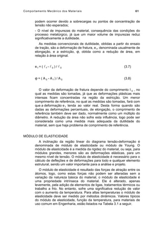 Comportamento Mecânico dos Materiais 61
podem ocorrer devido a sobrecargas ou pontos de concentração de
tensão não esperados;
- O nível de impurezas do material, consequência das condições do
processo metalúrgico, já que um maior volume de impurezas reduz
significativamente a dutilidade.
As medidas convencionais de dutilidade, obtidas a partir do ensaio
de tração, são a deformação de fratura, e f, denominada usualmente de
elongação, e a estricção, ϕ, obtida como a redução de área, em
relação à área original.
e f = (  f -  0 ) /  0 (3.7)
ϕ = ( A 0 - A f ) / A 0 (3.8)
O valor da deformação de fratura depende do comprimento l 0 , no
qual as medidas são tomadas, já que as deformações plásticas mais
intensas ficam concentradas na região da estricção. Um menor
comprimento de referência, no qual as medidas são tomadas, fará com
que a deformação e f tenda ao valor real. Desta forma quando são
dadas as deformações percentuais, de elongação, o comprimento de
referência também deve ser dado, normalmente como um múltiplo do
diâmetro. A redução da área não sofre esta influência, logo pode ser
considerada como uma medida mais adequada da dutilidade do
material, sem que haja problema de comprimento de referência.
MÓDULO DE ELASTICIDADE
A inclinação da região linear do diagrama tensão-deformação é
denominada de módulo de elasticidade ou módulo de Young. O
módulo de elasticidade é a medida da rigidez do material, ou seja, para
módulos grandes, menores são as deformações elásticas, para um
mesmo nível de tensão. O módulo de elasticidade é necessário para o
cálculo de defleções e de deformações para todo e qualquer elemento
estrutural, sendo um valor importante para a análise e projeto.
O módulo de elasticidade é resultado das forças de atração entre os
átomos, logo, como estas forças não podem ser alteradas sem a
variação da natureza básica do material, o módulo de elasticidade é
uma propriedade intrínseca do material. Ele é alterado, apenas
levemente, pela adição de elementos de ligas, tratamentos térmicos ou
trabalho a frio. No entanto, sofre uma significativa redução de valor
com o aumento da temperatura. Para altas temperaturas o módulo de
elasticidade deve ser medido por métodos dinâmicos. Valores típicos
do módulo de elasticidade, função da temperatura, para materiais de
uso comum em Engenharia, estão listados na Tabela 3.1 a seguir.
 
