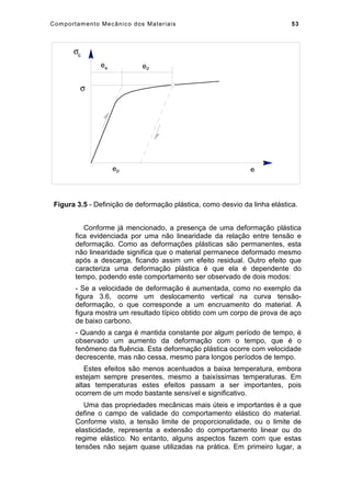 Comportamento Mecânico dos Materiais 53
e
σ0
σ
ee ep
ep
Figura 3.5 - Definição de deformação plástica, como desvio da linha elástica.
Conforme já mencionado, a presença de uma deformação plástica
fica evidenciada por uma não linearidade da relação entre tensão e
deformação. Como as deformações plásticas são permanentes, esta
não linearidade significa que o material permanece deformado mesmo
após a descarga, ficando assim um efeito residual. Outro efeito que
caracteriza uma deformação plástica é que ela é dependente do
tempo, podendo este comportamento ser observado de dois modos:
- Se a velocidade de deformação é aumentada, como no exemplo da
figura 3.6, ocorre um deslocamento vertical na curva tensão-
deformação, o que corresponde a um encruamento do material. A
figura mostra um resultado típico obtido com um corpo de prova de aço
de baixo carbono.
- Quando a carga é mantida constante por algum período de tempo, é
observado um aumento da deformação com o tempo, que é o
fenômeno da fluência. Esta deformação plástica ocorre com velocidade
decrescente, mas não cessa, mesmo para longos períodos de tempo.
Estes efeitos são menos acentuados a baixa temperatura, embora
estejam sempre presentes, mesmo a baixíssimas temperaturas. Em
altas temperaturas estes efeitos passam a ser importantes, pois
ocorrem de um modo bastante sensível e significativo.
Uma das propriedades mecânicas mais úteis e importantes é a que
define o campo de validade do comportamento elástico do material.
Conforme visto, a tensão limite de proporcionalidade, ou o limite de
elasticidade, representa a extensão do comportamento linear ou do
regime elástico. No entanto, alguns aspectos fazem com que estas
tensões não sejam quase utilizadas na prática. Em primeiro lugar, a
 