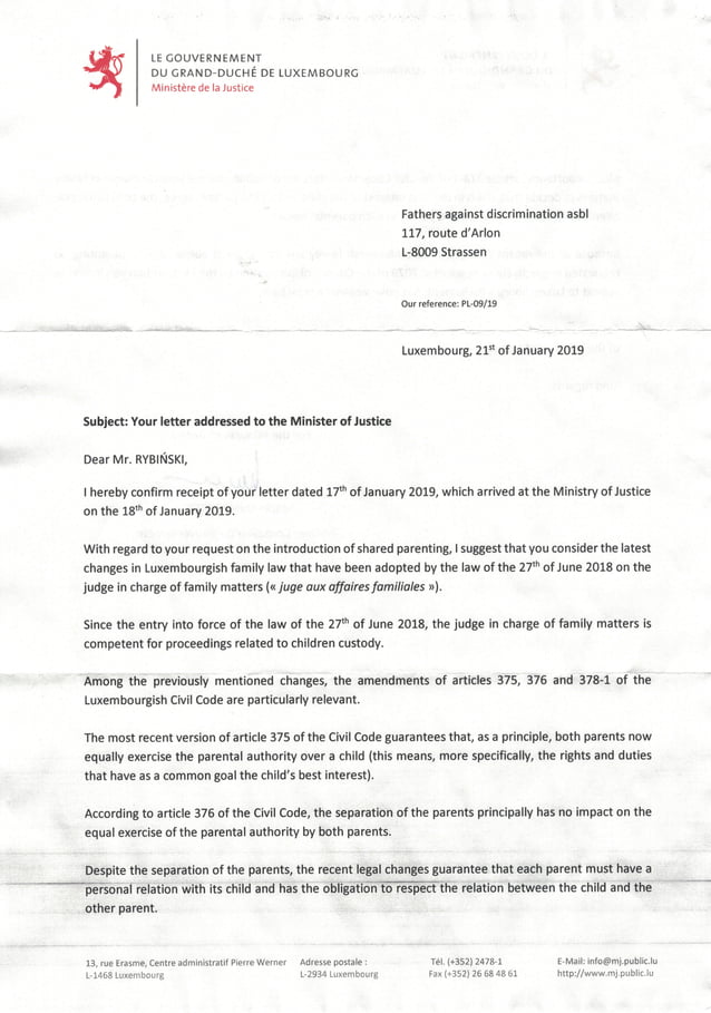 Letter from the Ministry of Justice Luxembourg Fathers Against